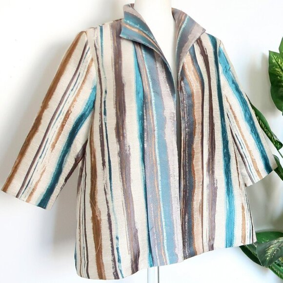 IC by Connie K Gray Teal Gold Stripe Jacquard Open Front Blazer Jacket Large L